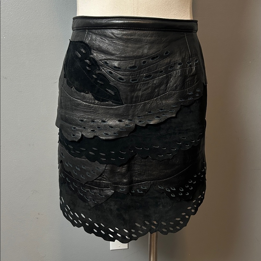 Vintage Suede Leather pencil leaf perforated design Black Leather Skirt size S